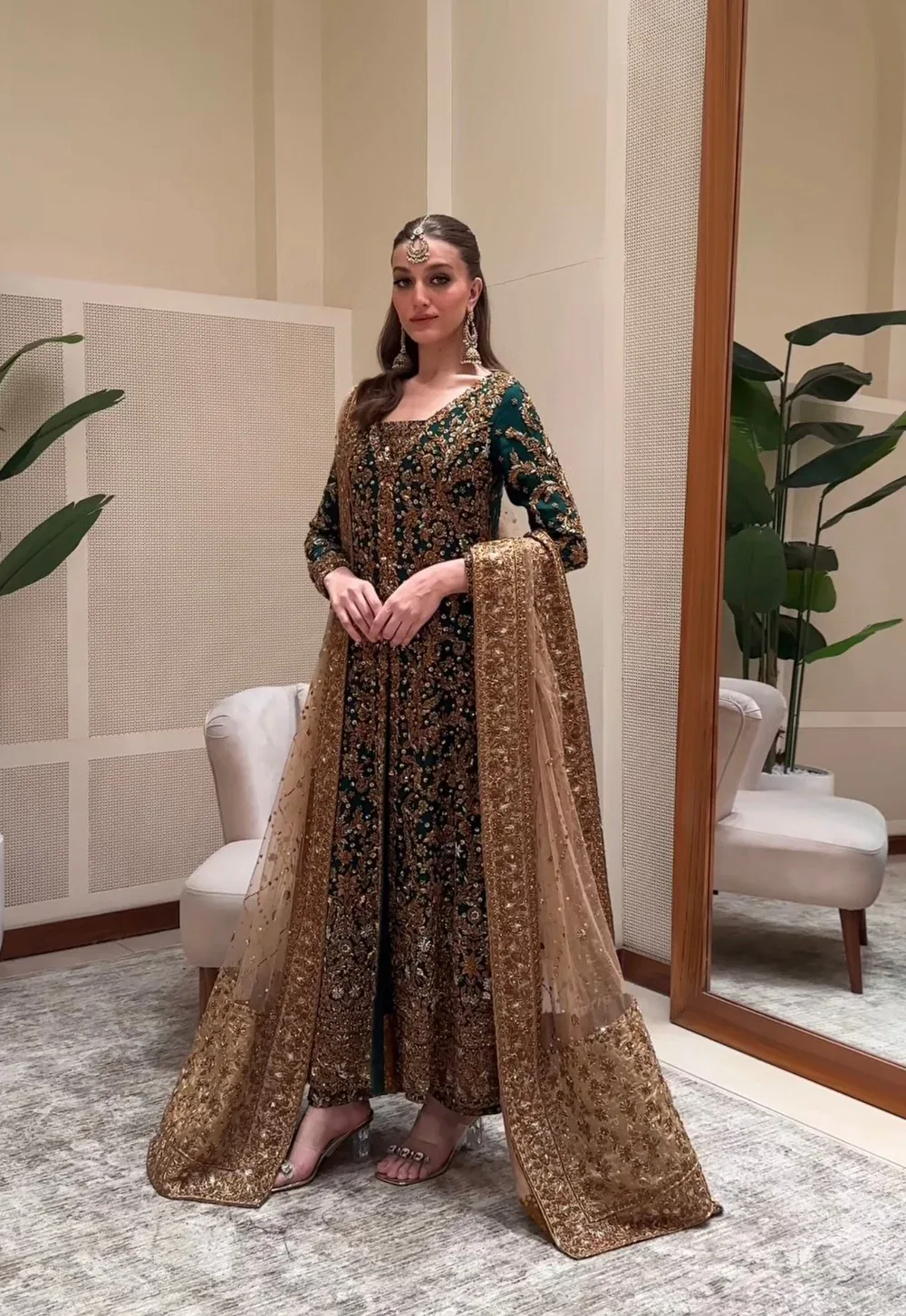 Zeeshan Danish-inspired Dark Emerald green and gold formal, full-length front view